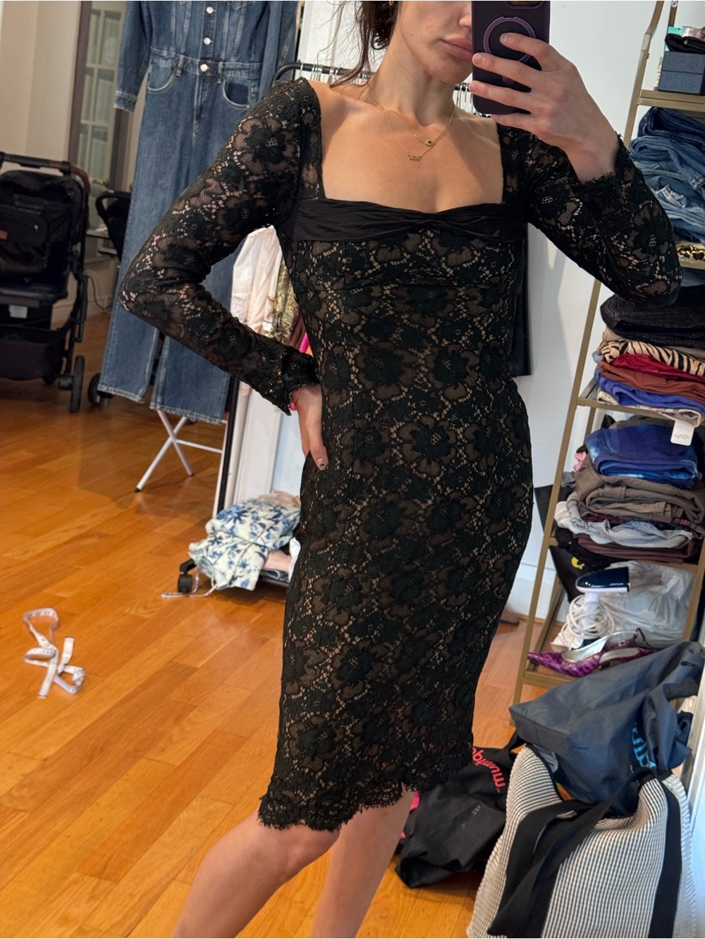 Emanuel ungaro lace silk long sleeve tie back dress